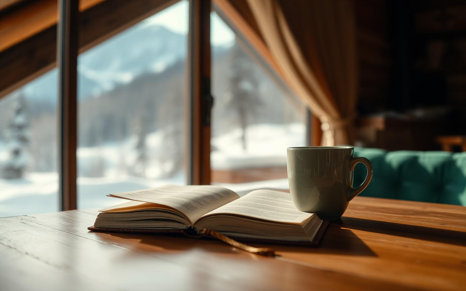 A journal and coffee mug on a wooden table with Canadian Rockies visible through the window